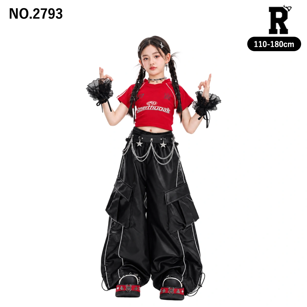 キッズ ダンス衣装 レッドショートTシャツ・レザー調カーゴパンツ【商品番号：2793】