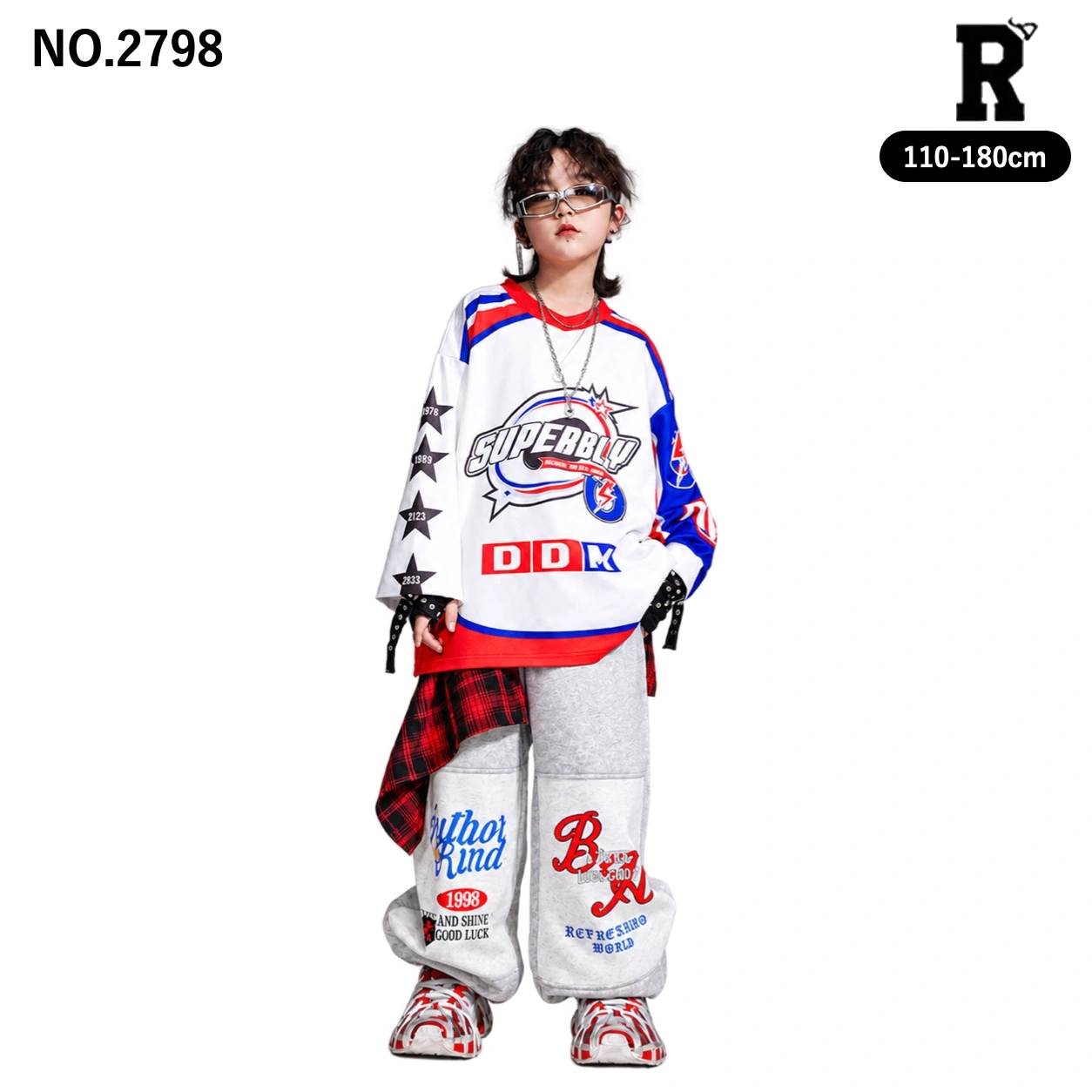 キッズ ダンス衣装 トリコロールロゴ長袖トップス・英字パンツ【商品番号：2798】