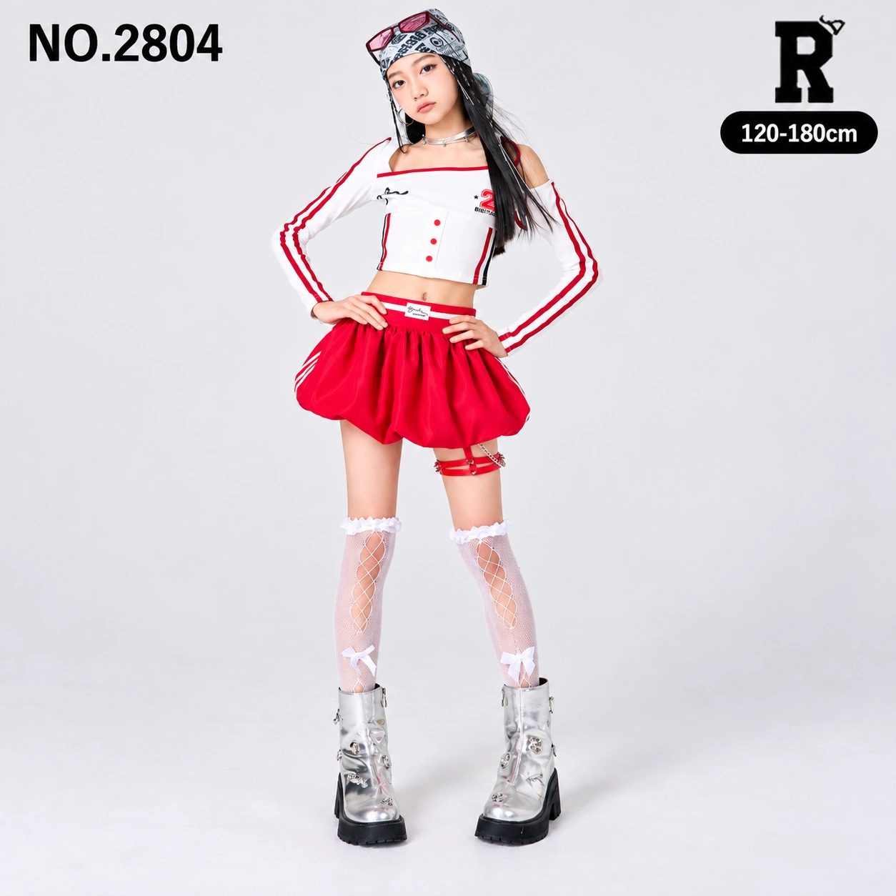 キッズ ダンス衣装 ラインオフショルダートップス・レッドバルーンスカート【商品番号：2804】