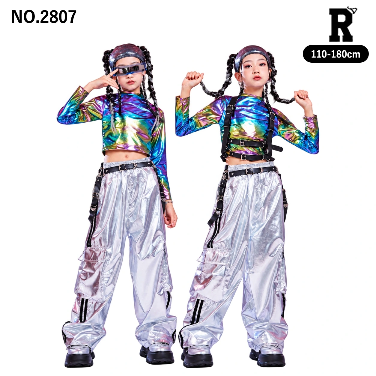 キッズ ダンス衣装 メタリック配色ショートトップス・シルバーパンツ【商品番号：2807】