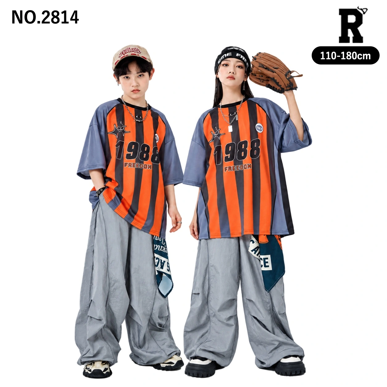キッズ ダンス衣装 オレンジストライプTシャツ・グレーパンツ【商品番号：2814】