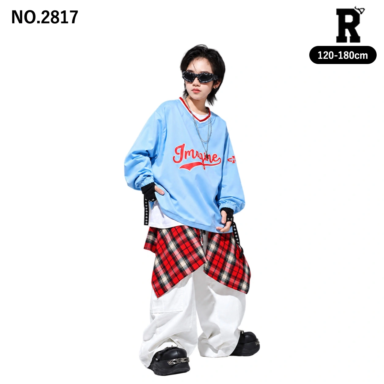 キッズ ダンス衣装 ブルーロゴ長袖トップス・ホワイトパンツ・チェック腰巻き【商品番号：2817】