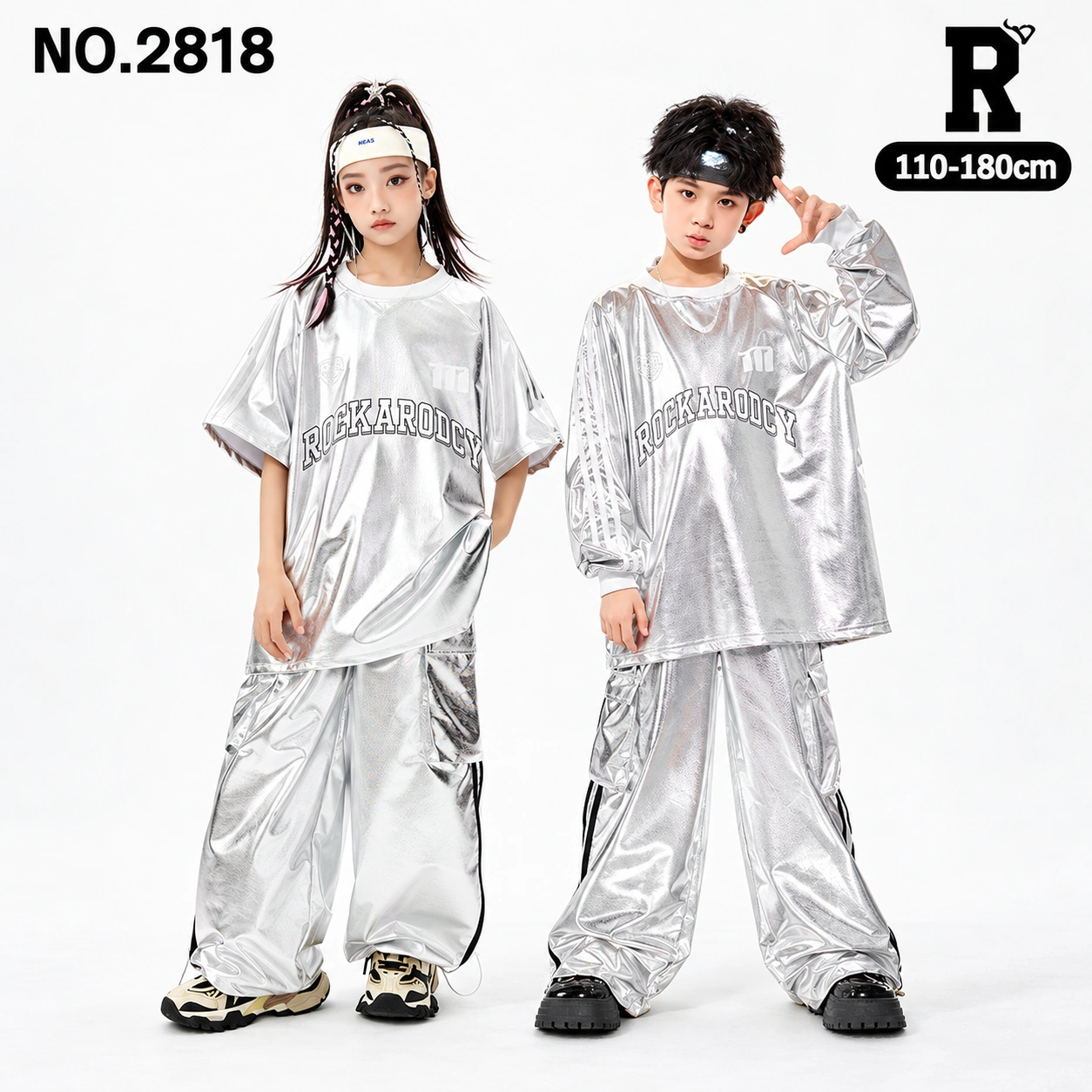 キッズ ダンス衣装 シルバープリントトップス・ラインワイドパンツ【商品番号：2818】