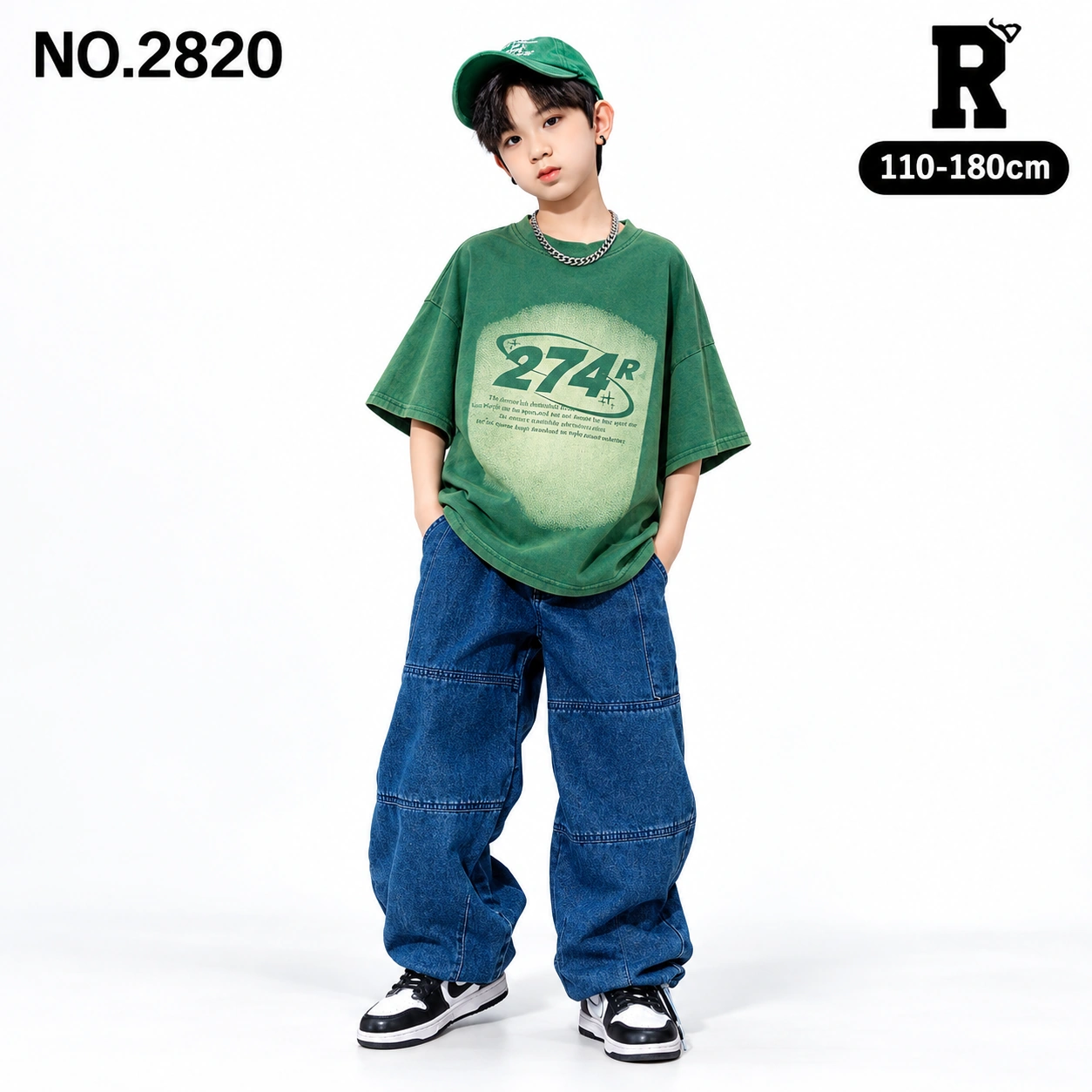 キッズ ダンス衣装 セットアップ グリーンTシャツ・ブルーカーゴパンツ【商品番号：2820】