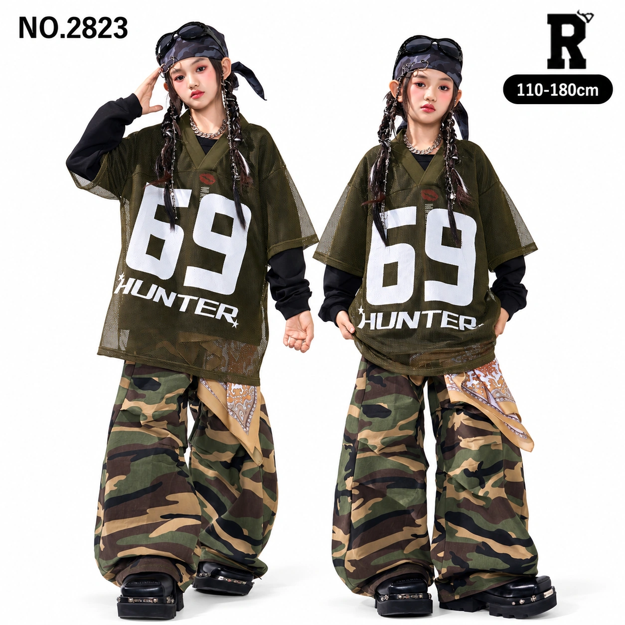 キッズ ダンス衣装 セットアップ ナンバーメッシュトップス・迷彩パンツ【商品番号：2823】