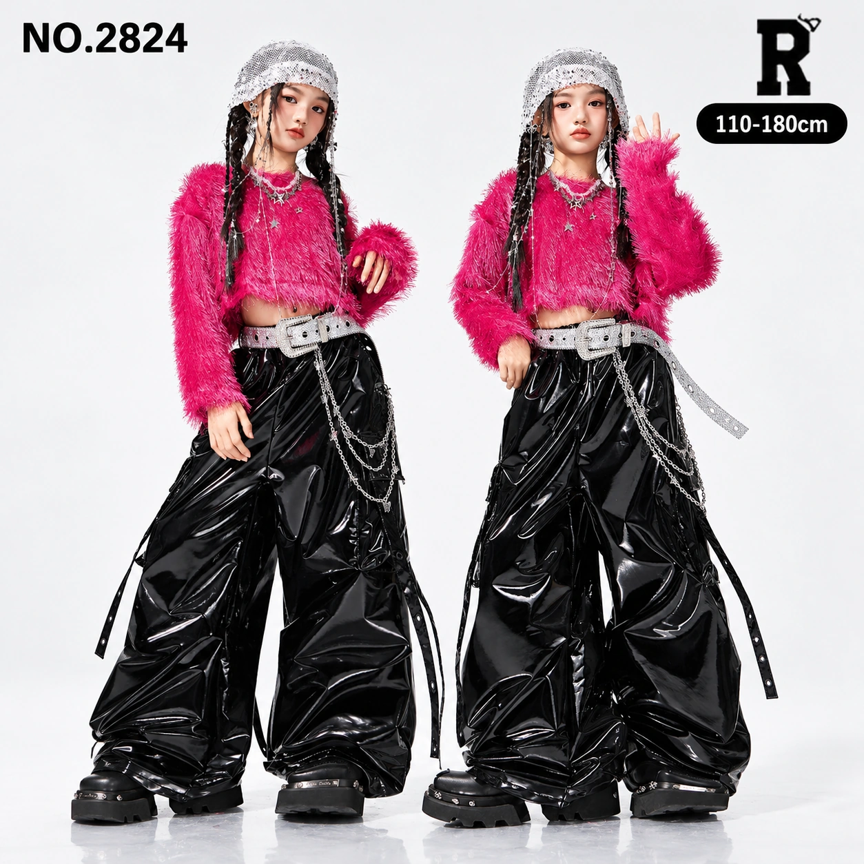 キッズ ダンス衣装 セットアップ ピンクシャギートップス・ブラックパンツ【商品番号：2824】