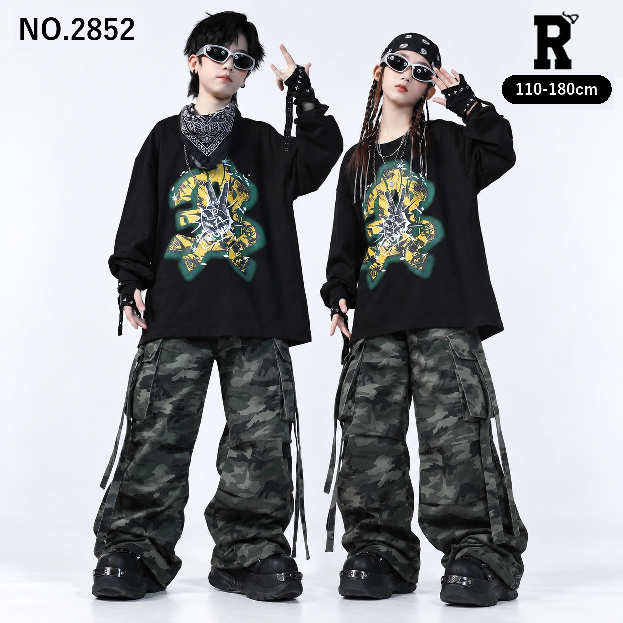キッズ ダンス衣装 セットアップ グラフィックトップス 迷彩カーゴパンツ【商品番号：2852】