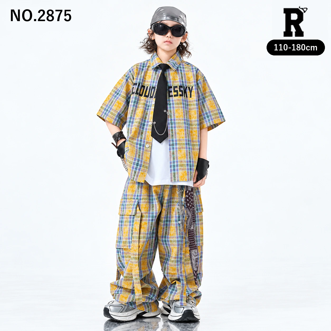 キッズ ダンス衣装 セットアップ チェックシャツ カーゴパンツ イエロー【商品番号：2875】