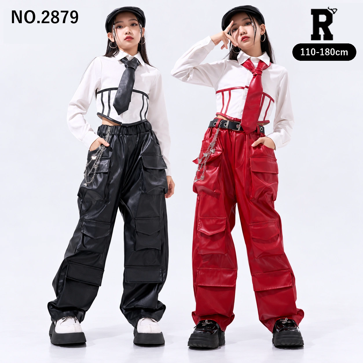キッズ ダンス衣装 セットアップ シャツ ネクタイ カーゴパンツ 3点セット【商品番号：2879】