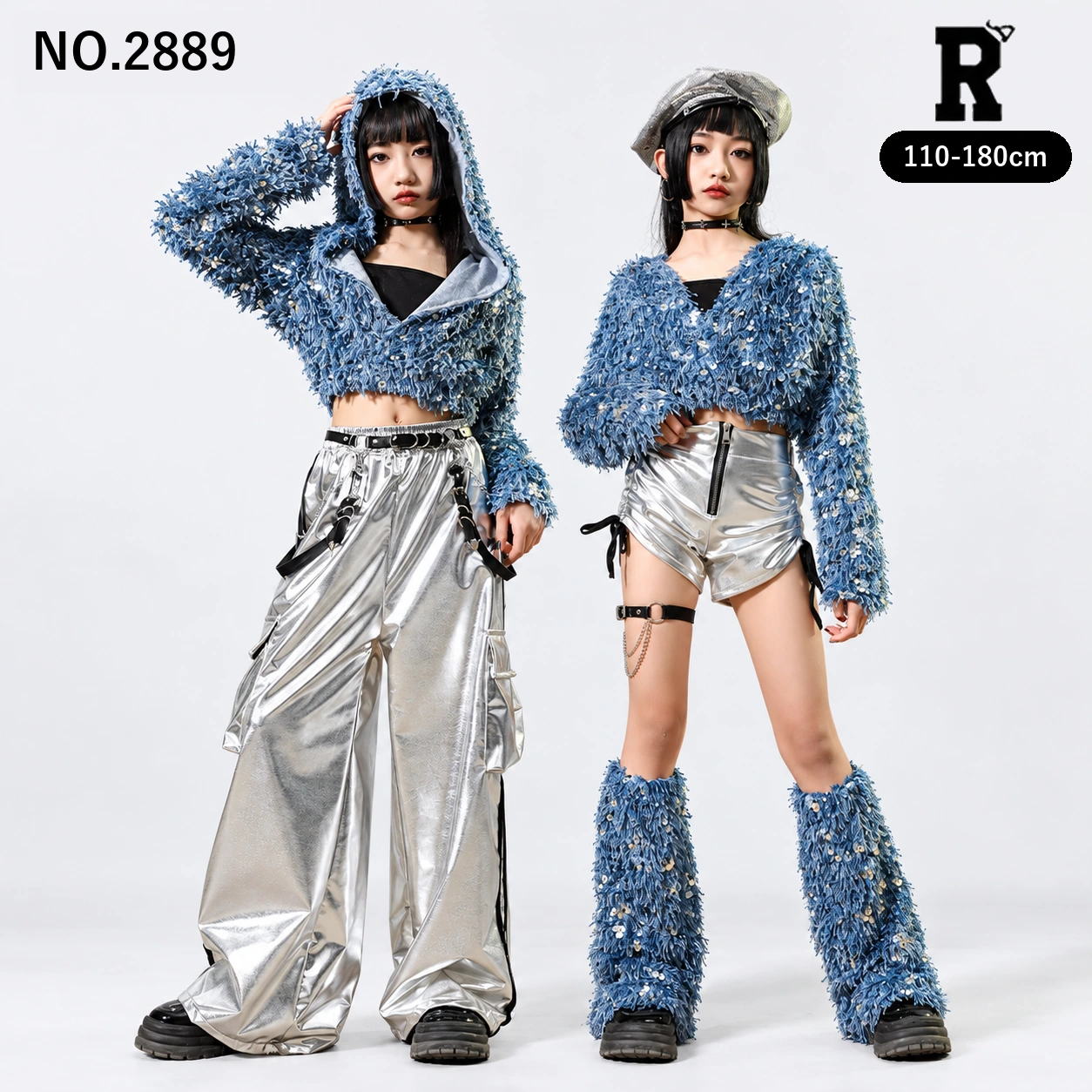 キッズ ダンス衣装 セットアップ ブルースパンコールトップス シルバーパンツ【商品番号：2889】