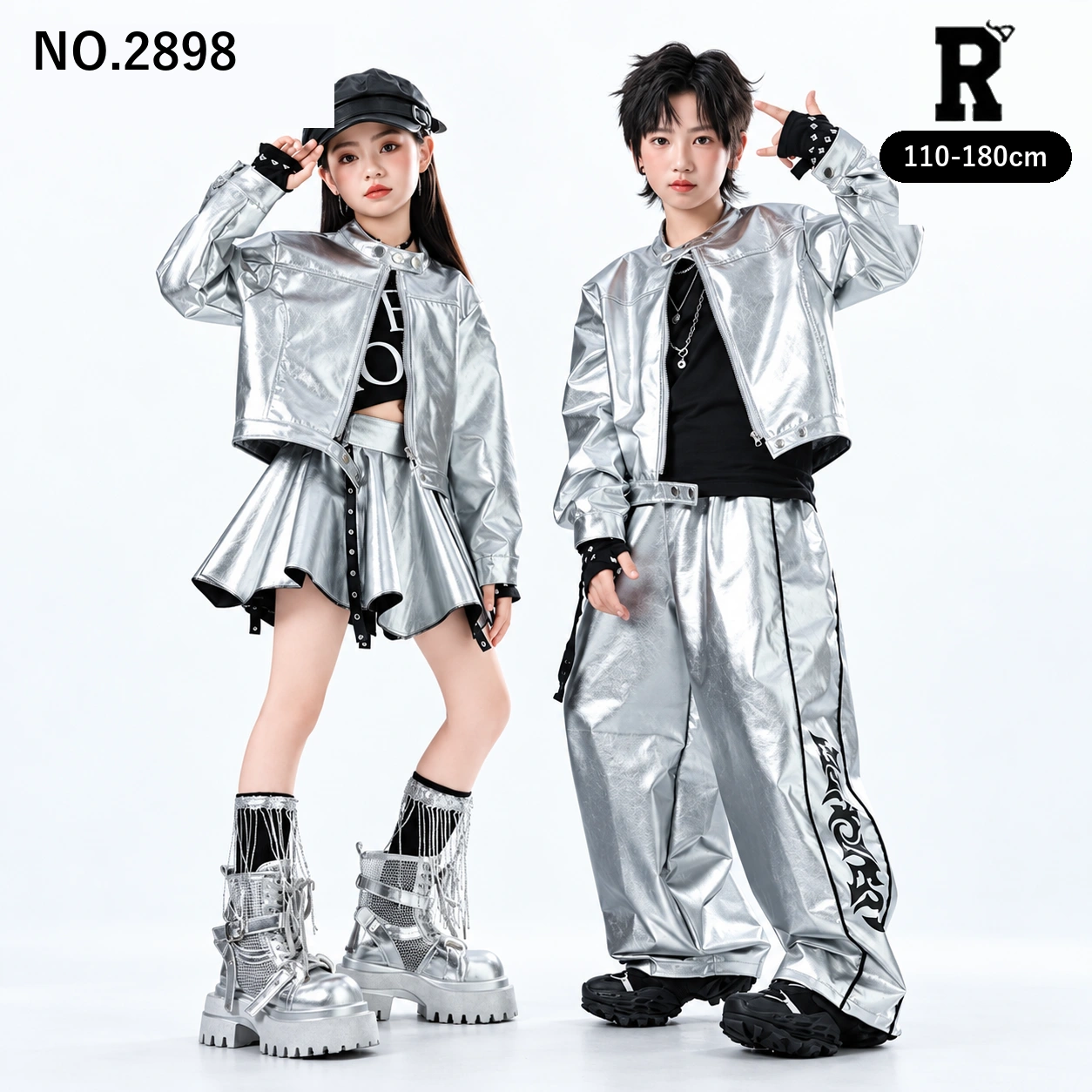 キッズ ダンス衣装 セットアップ シルバージャケット パンツ スカート【商品番号：2898】