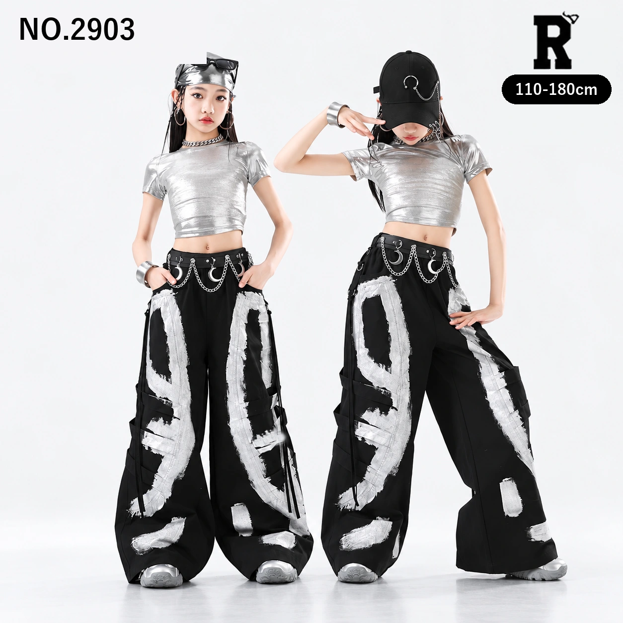 キッズ ダンス衣装 セットアップ シルバートップス モノトーングラフィティパンツ【商品番号：2903】