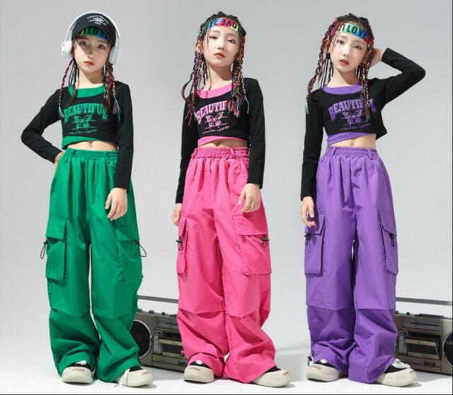 キッズダンス衣装 セットアップ トップス パンツ ピンク パープル 紫 緑 グリーン クロップトップ ヒップホップ 子供 kpop 韓国 ストリート hiphop 子供服  女の子 男の子 キッズ ダンス 衣装 [商品番号: 2144]