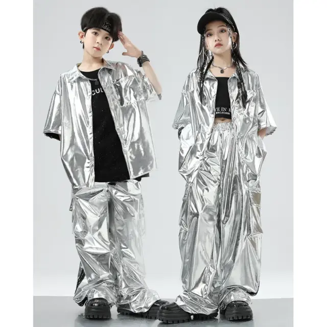 ダンス衣装 キッズ シルバー セットアップ [商品番号: 2495]