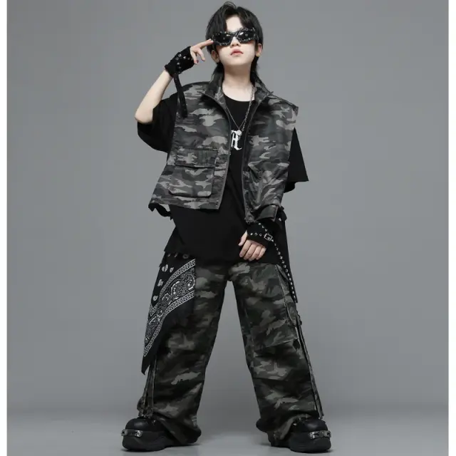 迷彩 カーキ ダンス衣装 キッズ ヒップホップ セットアップ [商品番号: 2544]