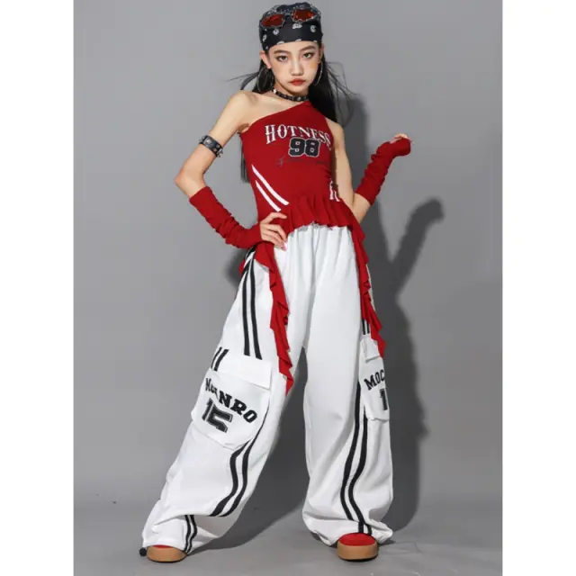 ガールズ レッド ワンショルダー ダンス衣装  [商品番号: 2605]