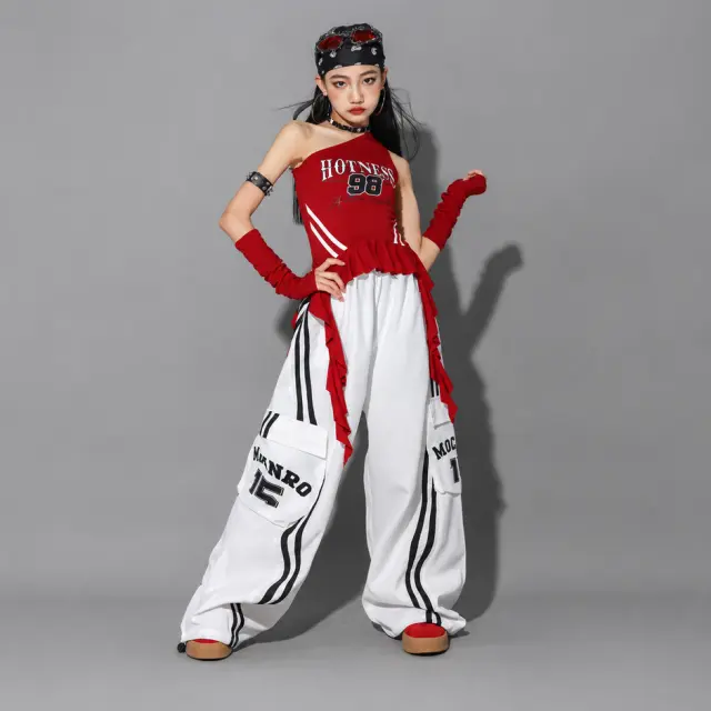 ガールズ レッド ワンショルダー ダンス衣装  [商品番号: 2605]
