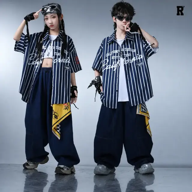 キッズダンス衣装 ストライプシャツ デニムパンツ [商品番号: 2720]