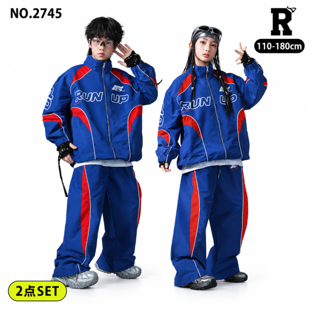 キッズ ダンス衣装 ブルー×レッド 配色ジャケット ワイドパンツ 上下2点セット【商品番号:2745】
