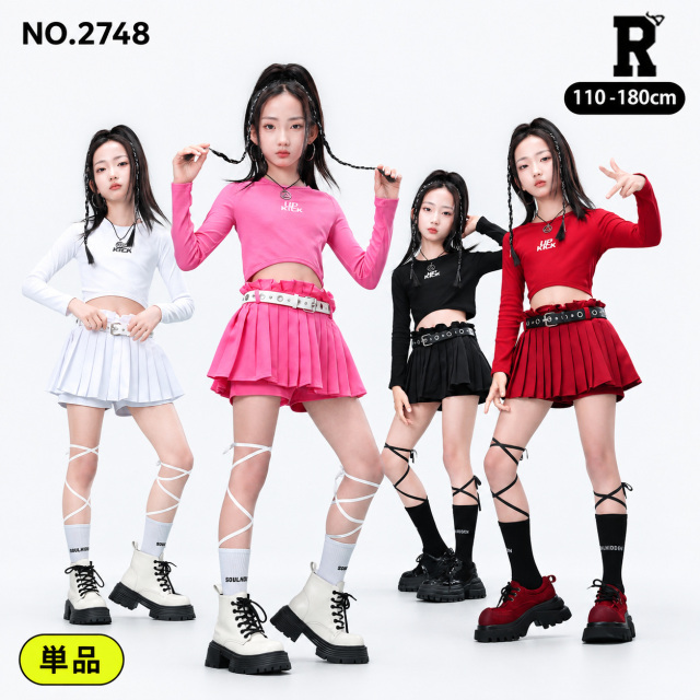 キッズ ダンス衣装 ロゴ入り長袖クロップドトップス プリーツスカート 単品 4カラー【商品番号:2748】