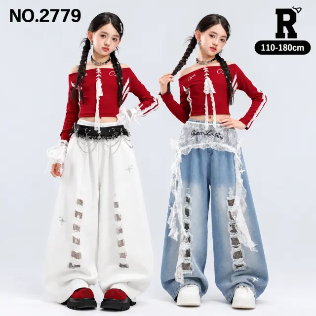 キッズ ダンス衣装 オフショルダーライン長袖トップス・ダメージワイドパンツ【商品番号:2779】