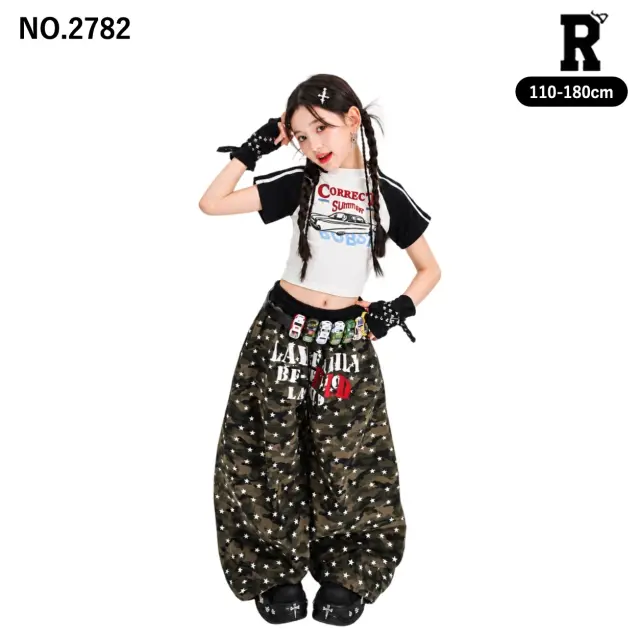 キッズ ダンス衣装 配色ラグラン半袖トップス・星柄ワイドパンツ【商品番号：2782】