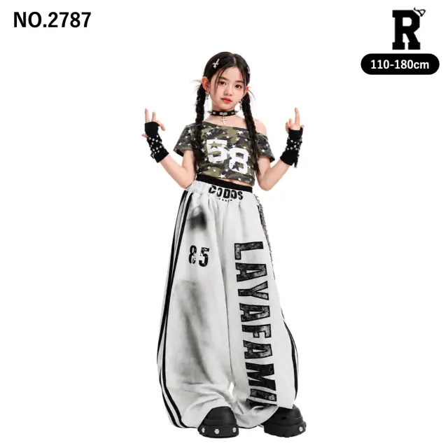 キッズ ダンス衣装 星柄オフショルダートップス・英字ラインワイドパンツ【商品番号:2787】