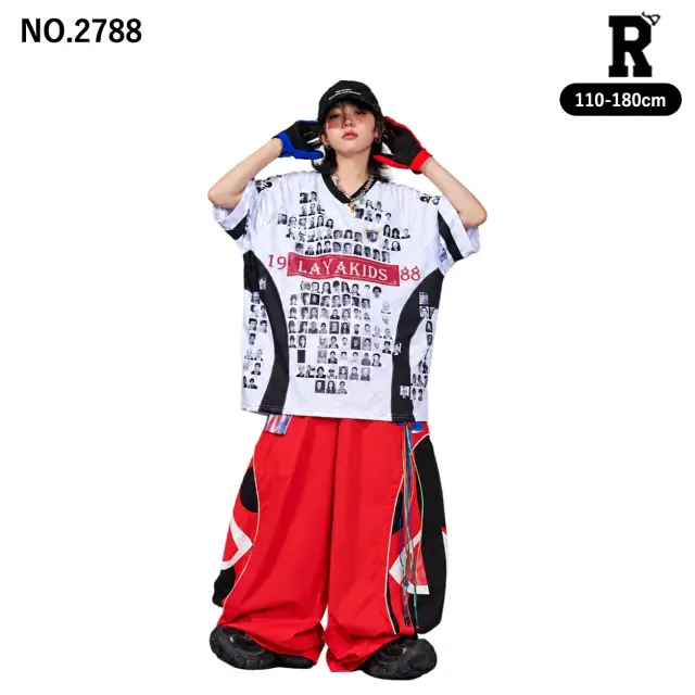 キッズ ダンス衣装 総柄Vネック半袖トップス・レッドワイドパンツ【商品番号:2788】