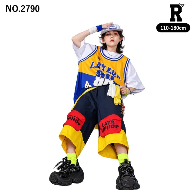 キッズ ダンス衣装 レイヤード風ナンバーTシャツ・配色ハーフパンツ【商品番号：2790】
