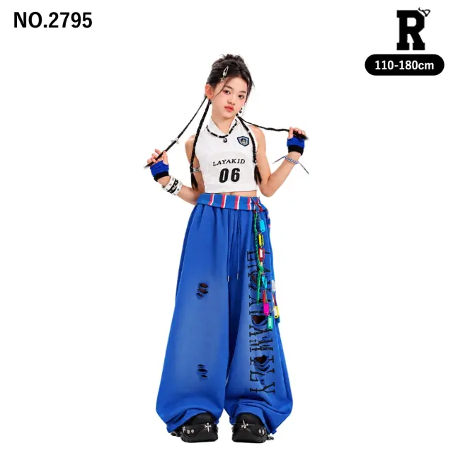 キッズ ダンス衣装 ホワイトホルタートップス・ブルーワイドパンツ【商品番号:2795】