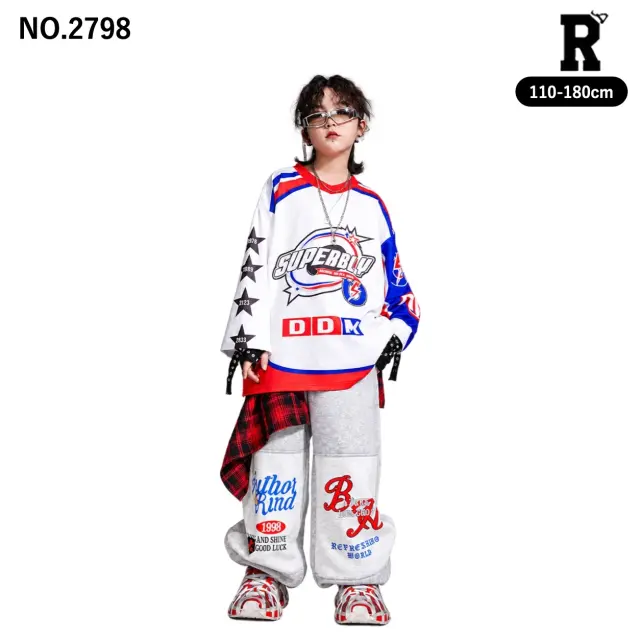 キッズ ダンス衣装 トリコロールロゴ長袖トップス・英字パンツ【商品番号:2798】