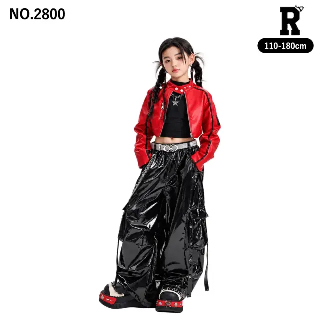 キッズ ダンス衣装 レッドショートジャケット・光沢カーゴパンツ【商品番号:2800】
