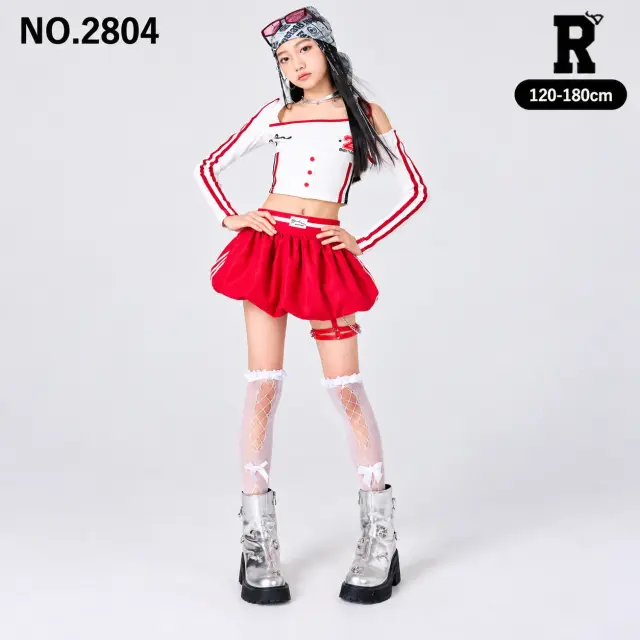 キッズ ダンス衣装 ラインオフショルダートップス・レッドバルーンスカート【商品番号:2804】