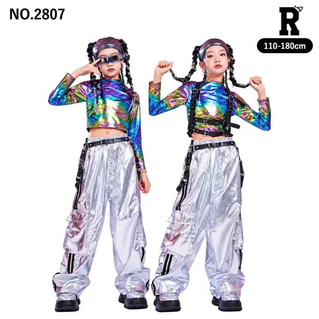 キッズ ダンス衣装 メタリック配色ショートトップス・シルバーパンツ【商品番号:2807】