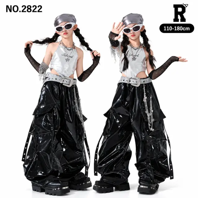 キッズ ダンス衣装 セットアップ シルバートップス・ブラックカーゴパンツ【商品番号:2822】