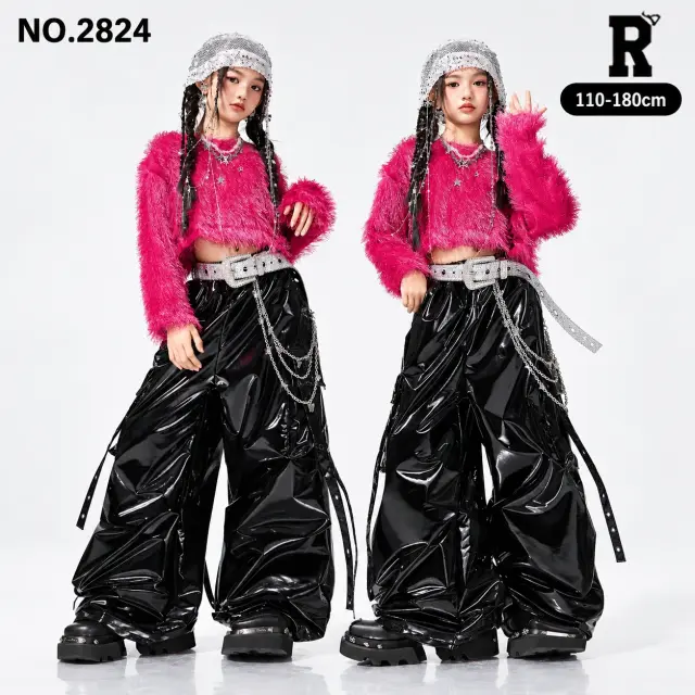 キッズ ダンス衣装 セットアップ ピンクシャギートップス・ブラックパンツ【商品番号:2824】
