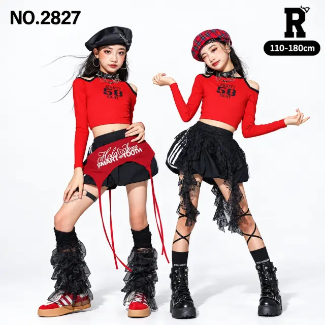 キッズ ダンス衣装 セットアップ レッド肩開きトップス・バルーンショートパンツ【商品番号:2827】