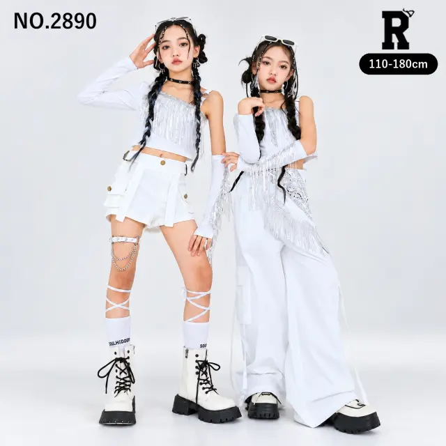 キッズ ダンス衣装 セットアップ ホワイト アシンメトリートップス パンツ【商品番号:2890】