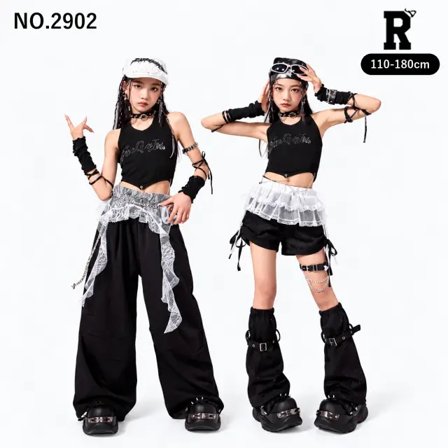 キッズ ダンス衣装 セットアップ ブラック キャミソール レースパンツ ショートパンツ【商品番号:2902】