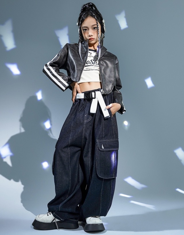 キッズダンス衣装 ジャケット ショート丈 セットアップ トップス デニムパンツ カーゴパンツ ブラック 長袖 ヒップホップ hiphop kpop 韓国 子供 キッズ ダンス衣装 女の子 男の子 [商品番号: 2192]