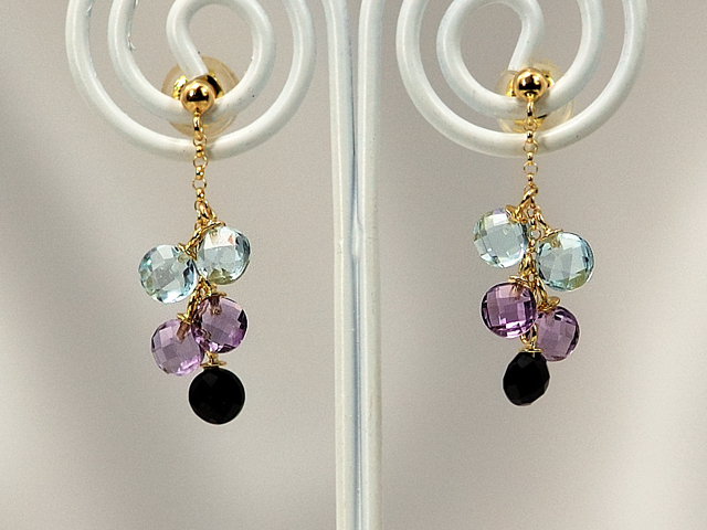 k18 アメシスト、ブルートパーズ、オニキスピアス/0287◆【送料無料】