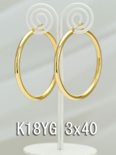 イエローゴールドフープピアス/3x40/K18YG