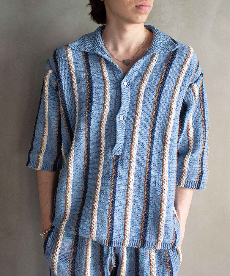 RL multi stripe hand knit polo  blue - Mens