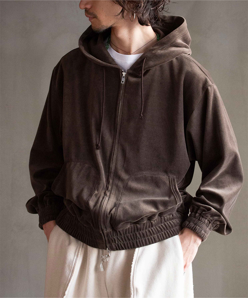 ANDER VELOUR ZIP HOOD DK BROWN - Mens