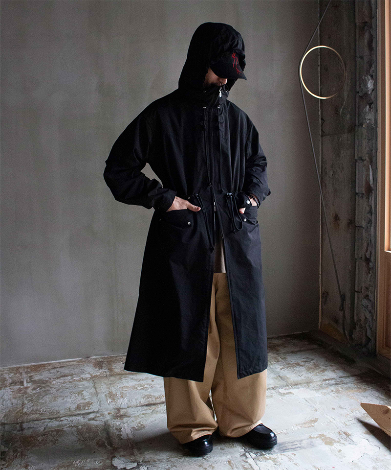 MATSUFUJI Water Repellent Hooded Long Coat BLACK - Mens