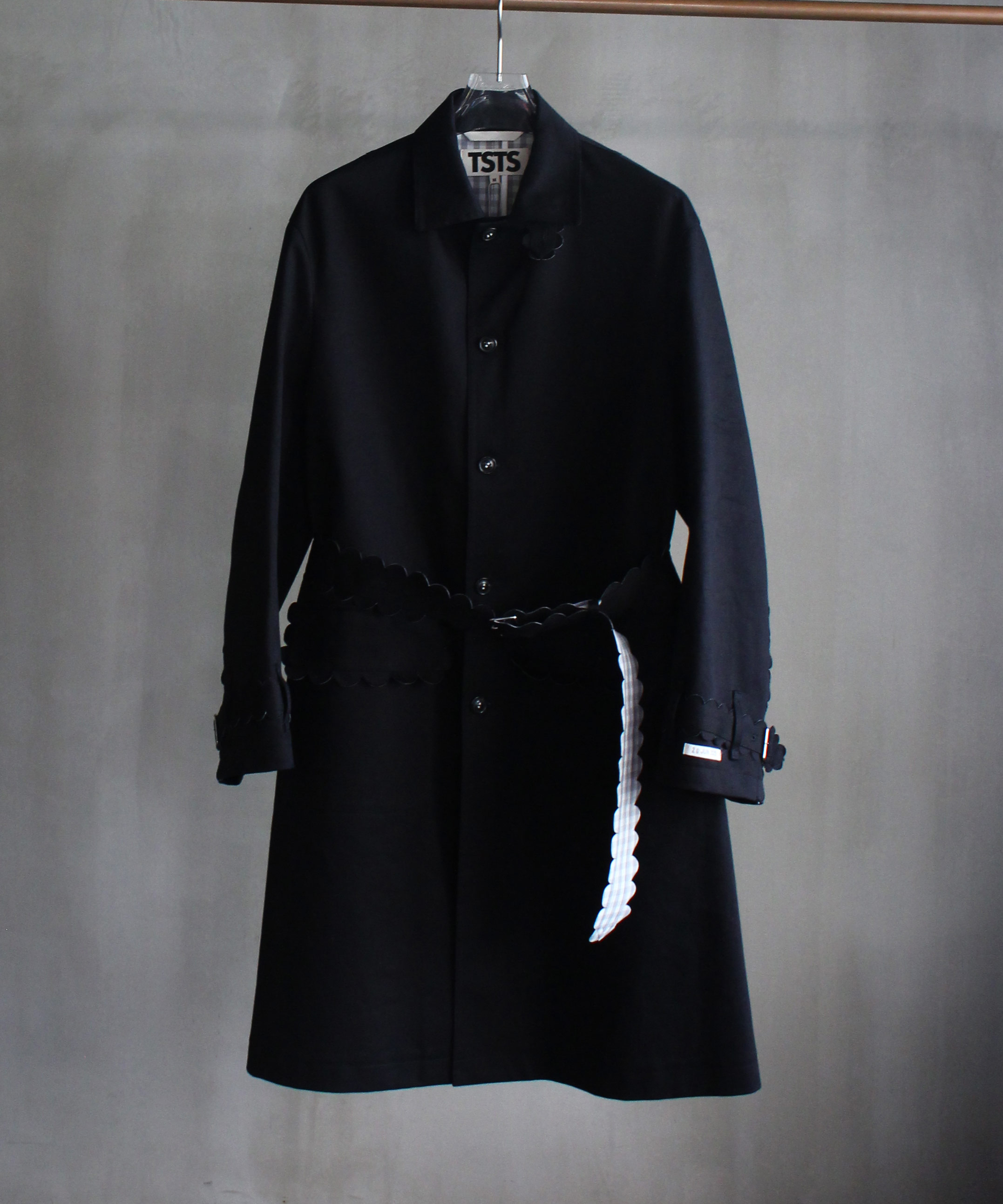 TSTS SPEECH BUBBLES BELTED CAR COAT BLACK AND LIGHT GRAY GINGHAM -