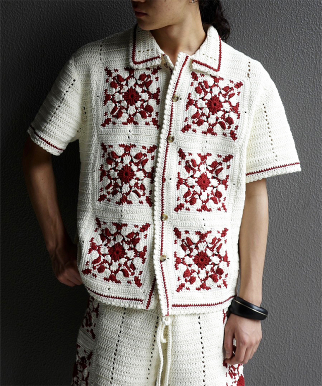 S.S.DALEY CROCHET TILE SHIRT ECRU/BORDEAUX - Mens