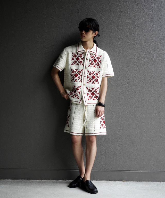 S.S.DALEY CROCHET TILE SHIRT ECRU/BORDEAUX - Mens | rroomm 