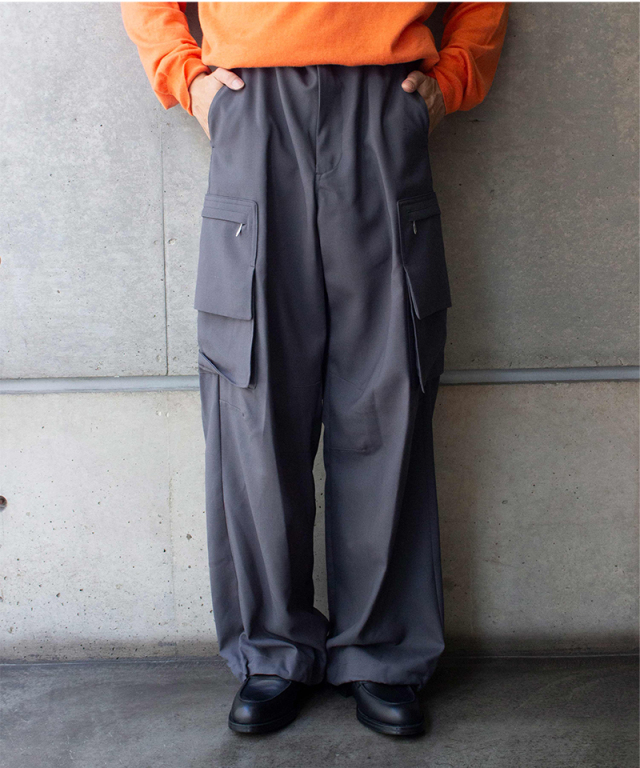 MATSUFUJI Water-repellent Wool Wide Cargo Trousers GRAY - Mens 