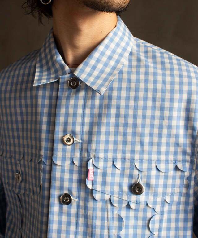 TSTS SPEECH BUBBLES TRACKER JACKET SAXE BLUE AND GRAY GINGHAM